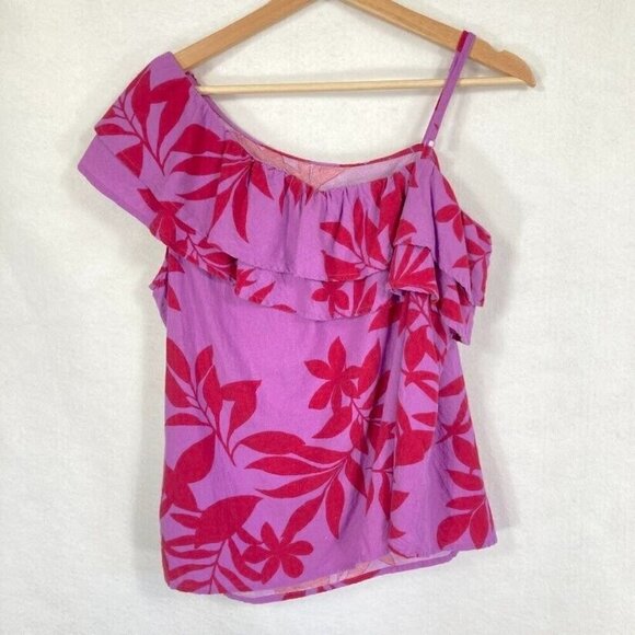 Old Navy Linen-Blend One Shoulder Ruffle Tropical Sleeveless Top Size Med - Picture 3 of 5